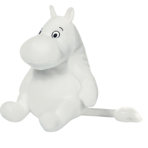 Weißes, plüschiges Einhorn mit großen Augen, das sitzend dargestellt wird. Es hat eine runde Form und einen langen Schwanz.