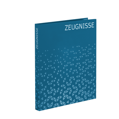 Ein blauer Ordner mit dem Titel 'ZEUGNISSE' und einem geometrischen Muster aus Dreiecken auf der Vorderseite." 

(Note: The text is already in German and does not require any changes for tone, context, or meaning.)