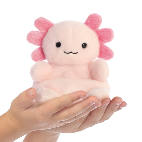 Ein rosa Plüschaxolotl, der von zwei Händen gehalten wird.