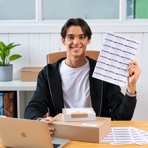 Ein junger Mann sitzt an einem Tisch, hält ein Blatt mit Aufklebern in der Hand und lächelt. Auf dem Tisch stehen ein Laptop und eine Kartonbox.