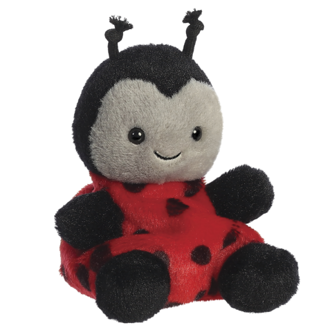Kuscheltier in Form eines Marienkäfers mit schwarzen Punkten, lächelnd und sitzend, mit kurzen Antennen auf dem Kopf.
