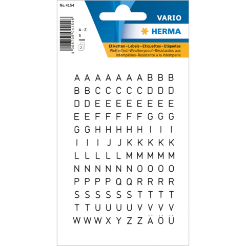 Schwarze Buchstabenaufkleber in verschiedenen Größen auf einem weißen Hintergrund, geeignet für Etikettierung und Beschriftung.