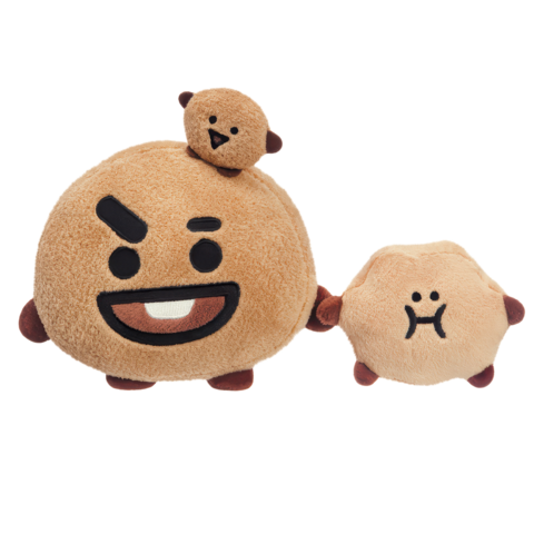 Zwei runde Plüschfiguren: eine größere mit einem lächelnden Gesicht und eine kleinere mit einem neutralen Gesichtsausdruck, beide in braunen Tönen.