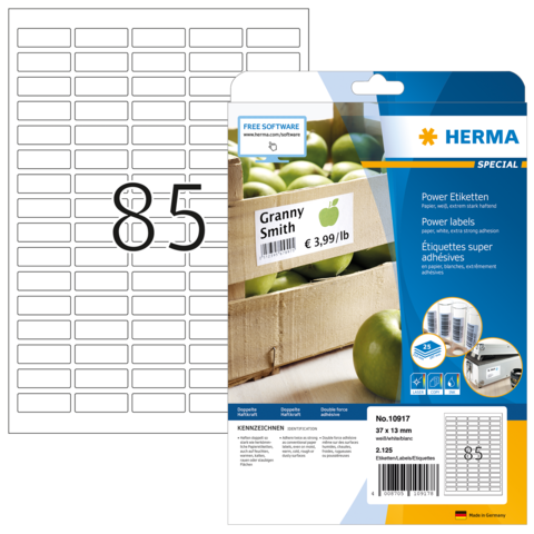 Etikettenblatt mit Aufklebern für Granny Smith Äpfel, Preisangabe und Produktdetails. Verpackung von Herma, Artikelnummer 10917.