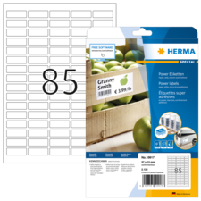 Etikettenblatt mit Aufklebern für Granny Smith Äpfel, Preisangabe und Produktdetails. Verpackung von Herma, Artikelnummer 10917.