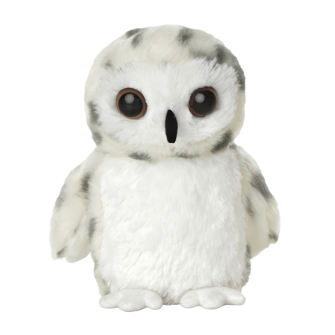 Plüsch-Eule mit großen Augen, weißem Gefieder und grauen Flecken, steht aufrecht und hat eine runde Form.
