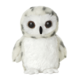 Plüsch-Eule mit großen Augen, weißem Gefieder und grauen Flecken, steht aufrecht und hat eine runde Form.
