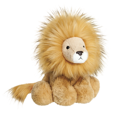 Plüschlöwe mit einer goldenen Mähne und einem freundlichen Gesicht, sitzt aufrecht mit einem weichen Körper.
