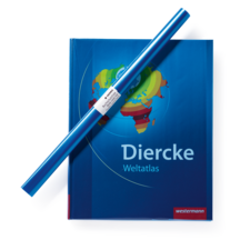 Diercke Weltatlas mit buntem Cover und einer blauen Rolle, die darauf liegt.