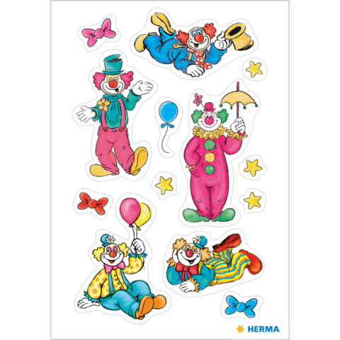 Bunte Clowns in verschiedenen Posen, einige halten Luftballons und Regenschirme, umgeben von Schleifen.