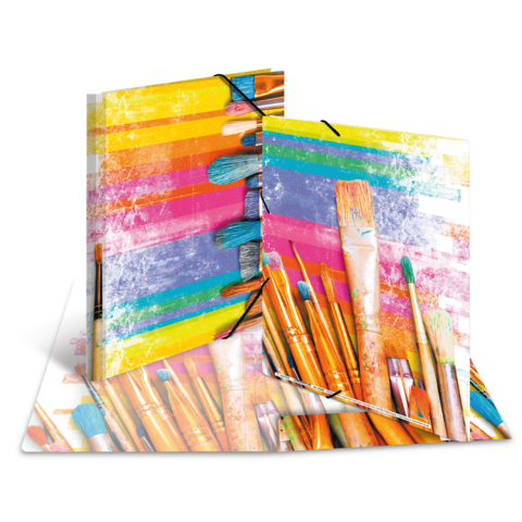 Bunte Mappen mit Pinselmotiven und farbigen Streifen im Hintergrund, die Kreativität und Kunst repräsentieren.