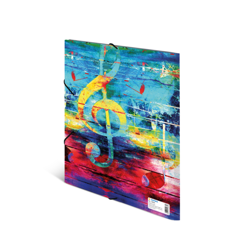 Bunte Noten und ein Schlüssel auf einem Hintergrund aus abstrakten Farben in Blau, Gelb, Rot und Grün.