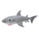 Plüschhai mit grauem Fell und weißen Unterseiten, zeigt Zähne und hat eine realistische Form. Ideal für Kinder oder als Dekoration.