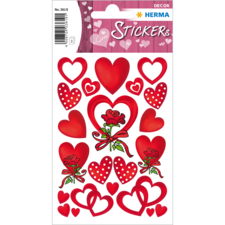 Rote Herzaufkleber in verschiedenen Designs, darunter einfache Herzen, Herzformen mit Punkten und eine Rose, auf einem dekorativen Hintergrund.