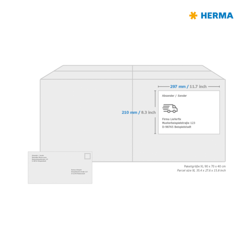 Paketgröße XL mit Abmessungen 297 mm x 210 mm, inklusive Absenderinformationen und einer Postkarte im Vordergrund.