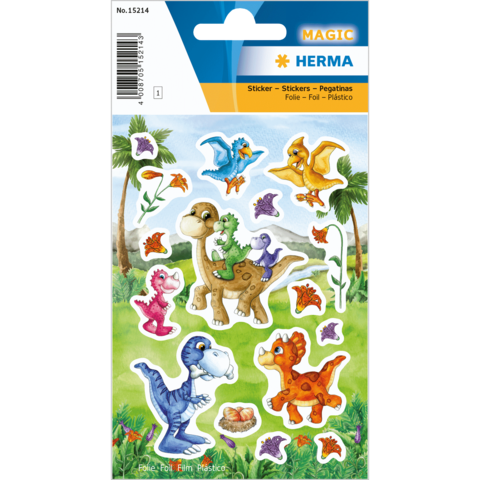 Bunte Dinosaurier-Sticker in verschiedenen Farben und Formen, umgeben von Pflanzenmotiven auf einer Verpackung.