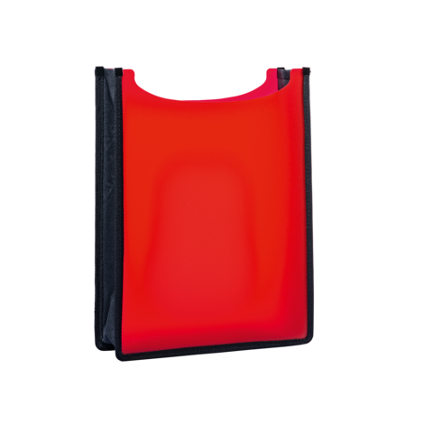 Roter, flexibler Ordner mit schwarzem Rand, geeignet für die Aufbewahrung von Dokumenten oder Notizen.