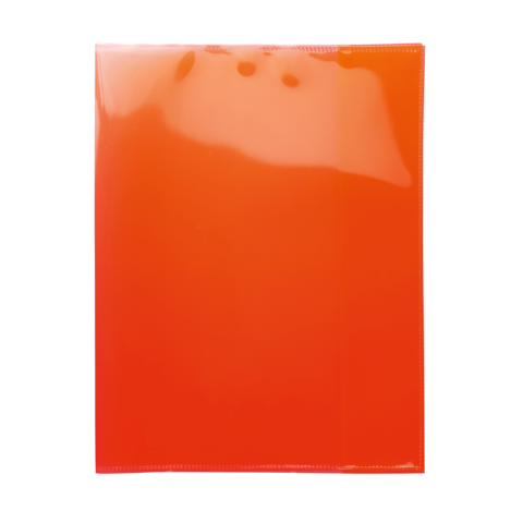 Ein leuchtend orangefarbener Kunststoffordner mit einer glatten, glänzenden Oberfläche.
