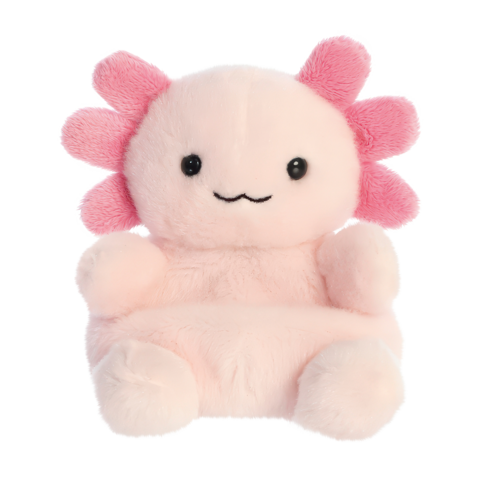 Kuscheltier in Form eines Axolotls mit rosa Körper und Kiemen, lächelnd und mit runden Augen, sitzt vor einem weißen Hintergrund.