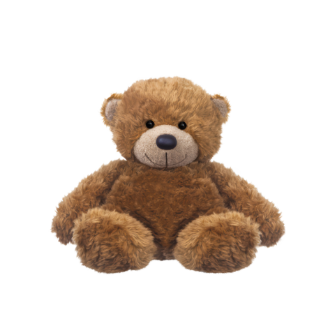 Ein brauner Plüschbär mit runden Ohren und einem freundlichen Gesicht, sitzt aufrecht mit breiten, weichen Pfoten.