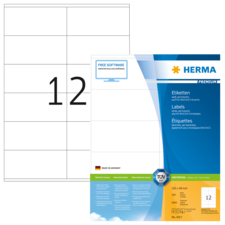 Etikettenblatt mit 12 leeren Feldern und Verpackung von HERMA Premium, inklusive Hinweis auf kostenlose Software zur Etikettenerstellung.