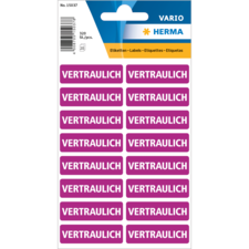 Lila Etiketten mit dem Wort "VERTRAULICH" in weißer Schrift, auf einem Bogen mit 320 Stück.