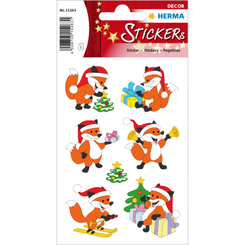 Weihnachtliche Aufkleber mit Füchsen in Santa-Hüten, die Geschenke halten, eine Trompete blasen und auf einem Schlitten fahren.