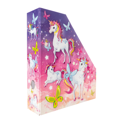 Bunte Sammelbox mit Einhörnern und Schmetterlingen auf einem glitzernden Hintergrund in Pastellfarben.