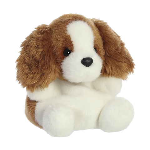 Plüschhund mit braun-weißen Fell, großen Augen und langen Ohren, sitzt aufrecht mit einem neutralen Ausdruck.
