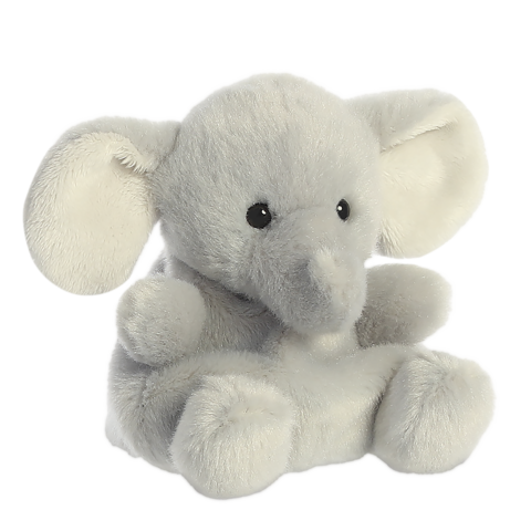 Graues Plüschelefant mit großen Ohren, sitzend und mit einem freundlichen Ausdruck. Ideal als Spielzeug oder Dekoration.