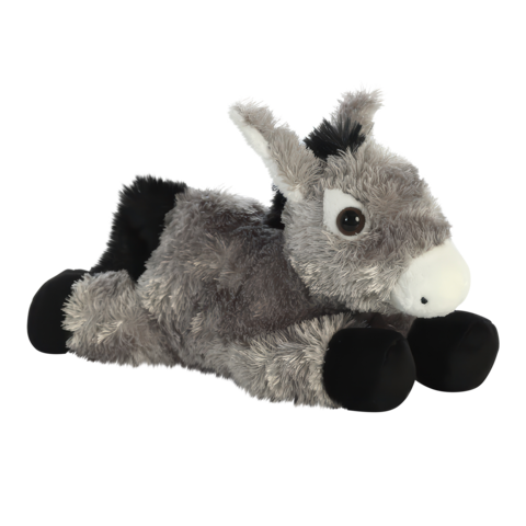 Plüsch-Esel mit grauem Fell, schwarzen Beinen und großen, runden Augen, in liegender Position.