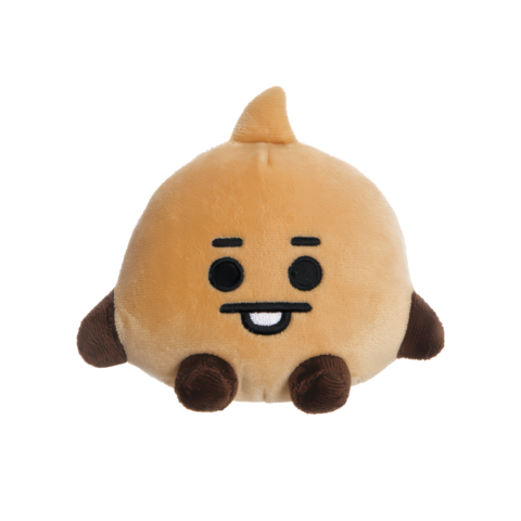 Kuscheliges, rundes Plüschtier mit einem lächelnden Gesicht, braunem Körper und kleinen, braunen Füßen.