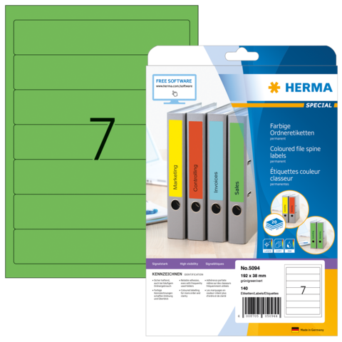 Grüne Ordnerspitzetiketten mit der Aufschrift "7" und verschiedenen Farben für die Beschriftung von Aktenordnern.