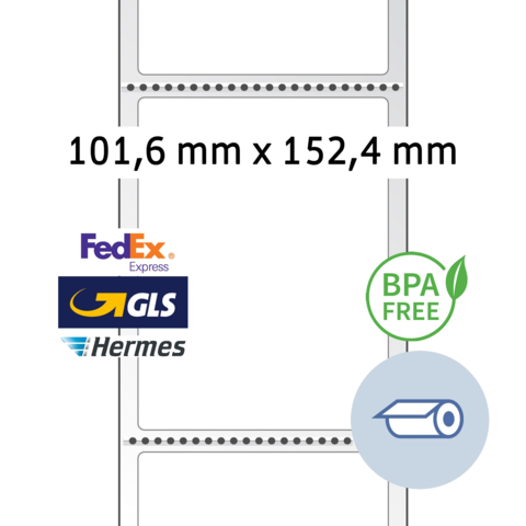 Maße von 101,6 mm x 152,4 mm, mit Logos von FedEx, GLS und Hermes. Hinweis: BPA-frei.
