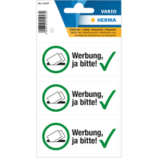 Drei Aufkleber mit dem Text "Werbung, ja bitte!" und einem Häkchen, auf einem blauen Trägerblatt.