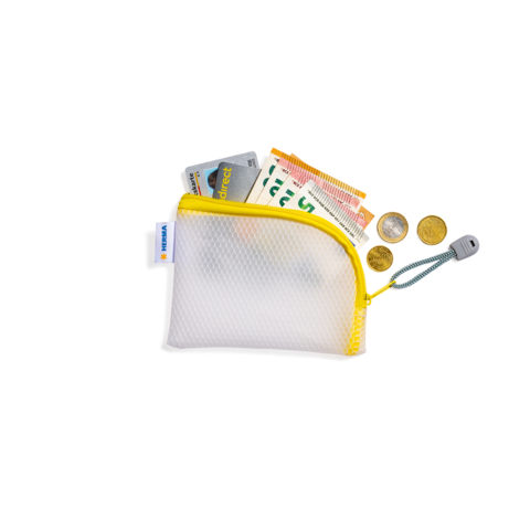 Ein durchsichtiger Geldbeutel mit Geldscheinen, Münzen und Kreditkarten, umgeben von einem gelben Reißverschluss.