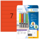 Rote Ordneretiketten mit der Nummer 7, verpackt in einer Blisterverpackung. Enthält Informationen zu Software und Anwendung.