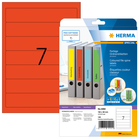 Rote Ordneretiketten mit der Nummer 7, verpackt in einer Blisterverpackung. Enthält Informationen zu Software und Anwendung.