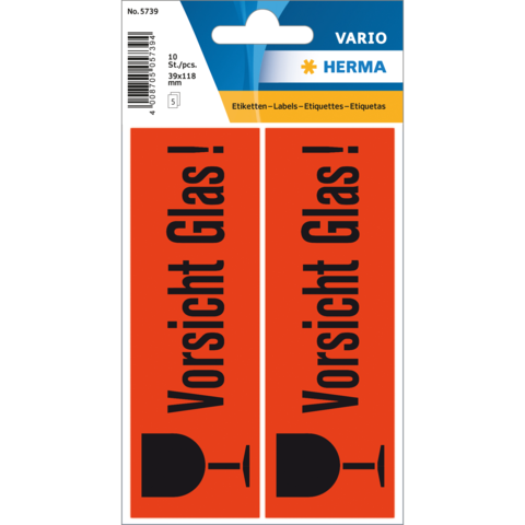 Aufkleber mit der Aufschrift "Vorsicht Glas!" und einem Symbol eines Weinglases, verpackt in einer Blisterverpackung.