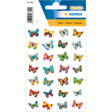 Bunte Schmetterlingsaufkleber in verschiedenen Designs und Farben auf einem weißen Hintergrund, verpackt in einer transparenten Hülle.