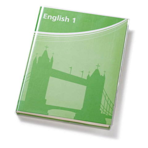 Grünes Buch mit dem Titel "English 1" und einer Silhouette der Tower Bridge im Hintergrund.