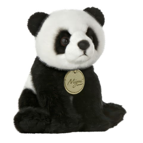 Plüschpanda mit schwarzen und weißen Fell, sitzend, mit einem Etikett, das den Namen "Mijimi" trägt.