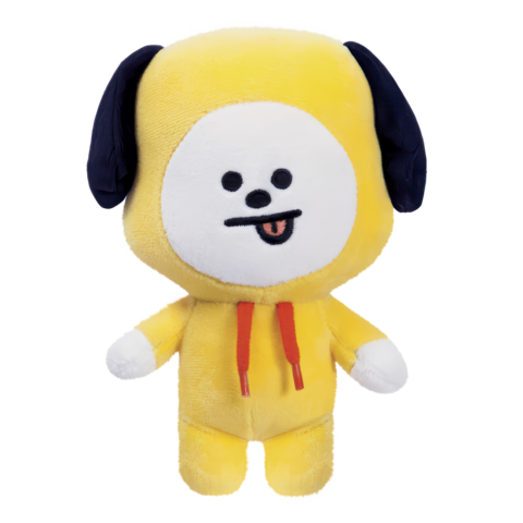Ein gelbes Plüschspielzeug mit schwarzem Ohr und einem lächelnden Gesicht, das einen Kapuzenpullover trägt.