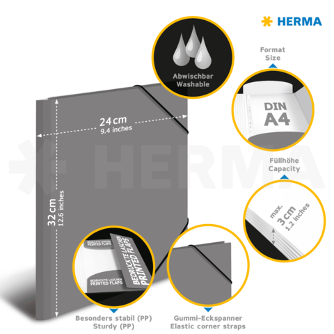 Grauer Ordner mit elastischen Ecken, abwischbar, für DIN A4, Maße 32 cm x 24 cm, stabil und mit Füllhöhe von max. 3,1 Zoll.