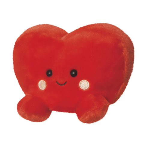 Rotes, herzförmiges Plüschtier mit einem lächelnden Gesicht und zwei kleinen Wangen.
