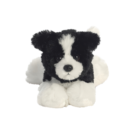 Schwarzer und weißer Plüschhund mit großen Augen, der auf einem weißen Untergrund sitzt.