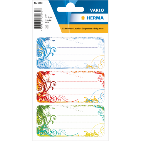 Bunte Etiketten in Blau, Rot und Grün mit dekorativen Mustern und leeren Feldern zum Beschriften. Verpackung von Herma.