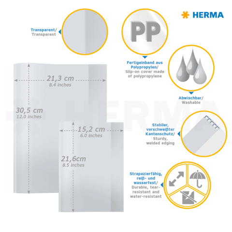 Transparente Polypropylen-Hülle mit Abmessungen und Eigenschaften wie waschbar, stabil und wasserfest.