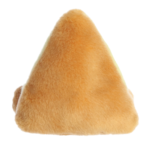 Ein weiches, dreieckiges Kissen aus orangefarbenem Plüsch, das eine gemütliche und einladende Form besitzt.