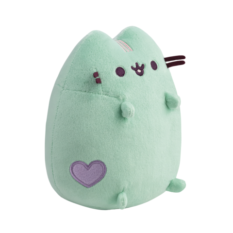 Kuscheltier in Form einer Katze, mintgrün mit einem Herzsymbol und kleinen Details, die ein freundliches Gesicht darstellen.